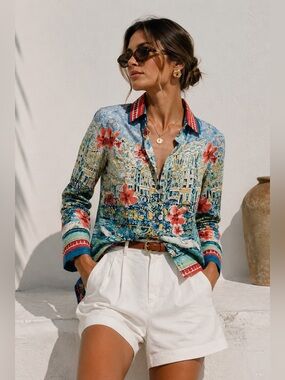 Amalfi Coast Print Overshirt Jacket Artsy European Summer Top M